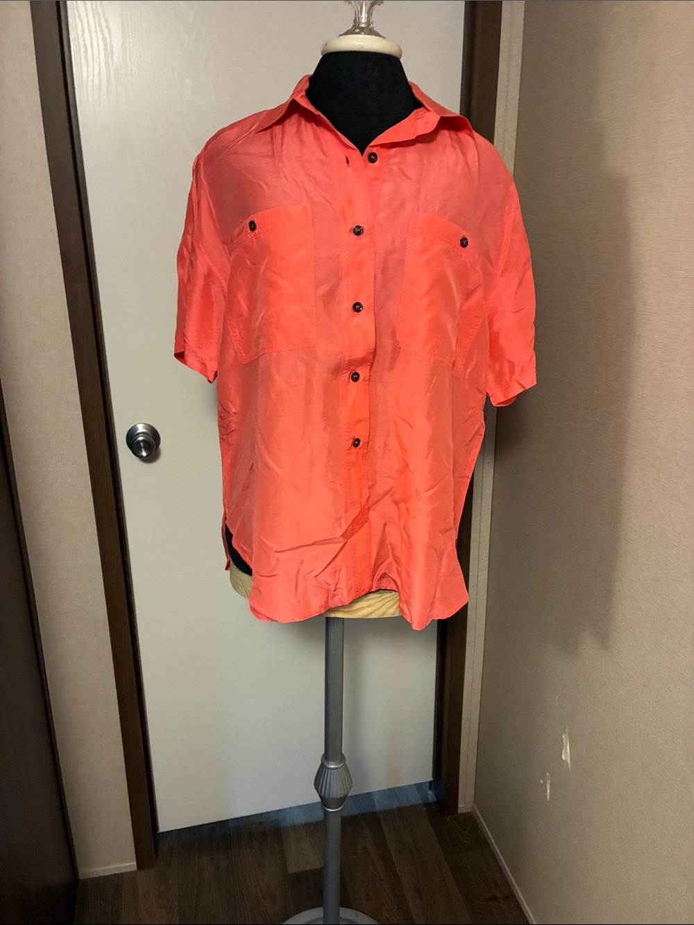 Jonathan Martin Bright Coral Silk Short Sleeve Button-Front Top